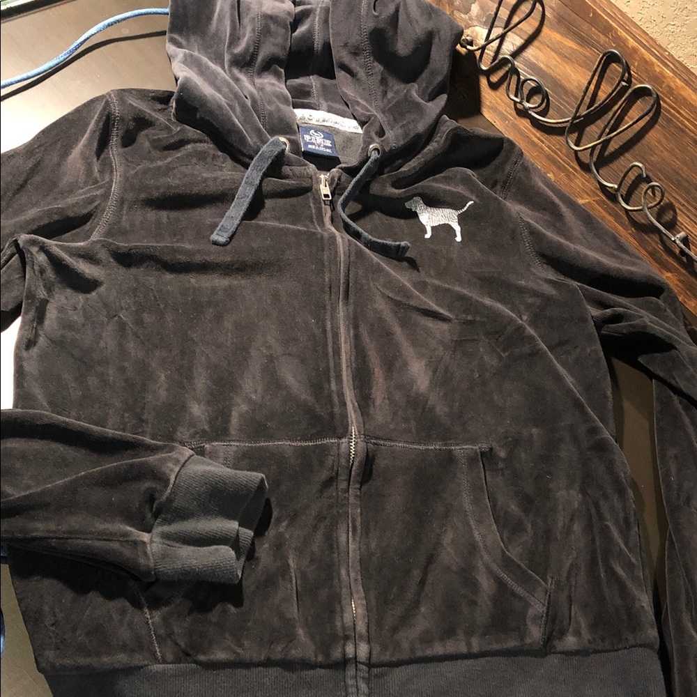 PINK Victoria's Secret Black Velour Zip Hoodie with Dog Logo